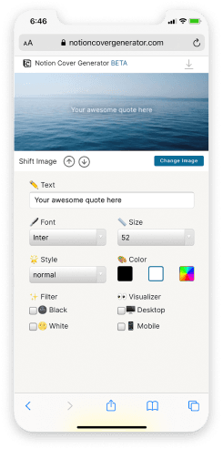someone using the site to create a custom notion cover on a mobile device