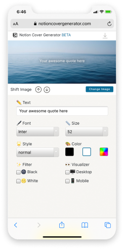 someone using the site to create a custom notion cover on a mobile device